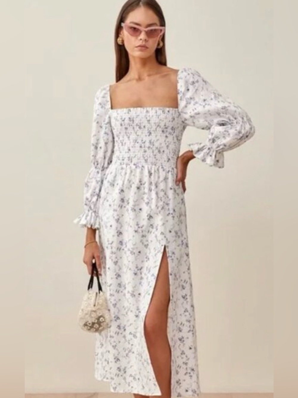 House of Harlow 1960 REVOLVE Linen Floral Smocked Midi Dress S Blue White